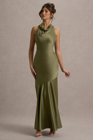 Amelita Khaki Satin Cowl-Neck Maxi Dress